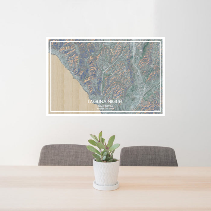 24x36 Laguna Niguel California Map Print Lanscape Orientation in Afternoon Style Behind 2 Chairs Table and Potted Plant