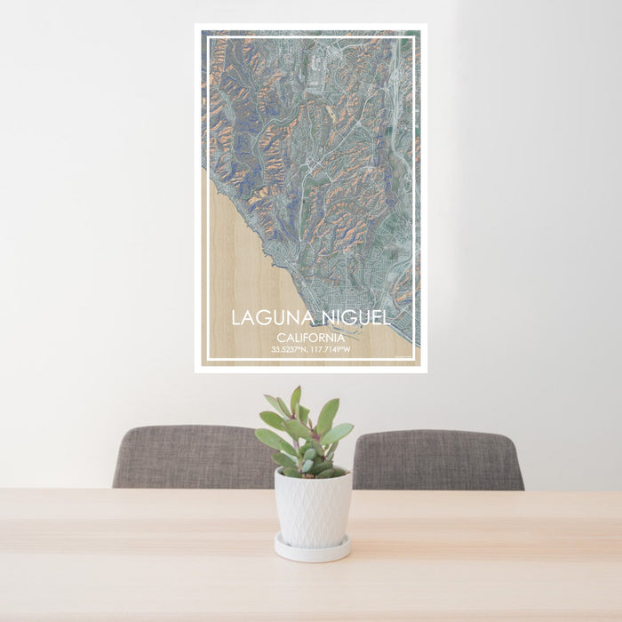 24x36 Laguna Niguel California Map Print Portrait Orientation in Afternoon Style Behind 2 Chairs Table and Potted Plant