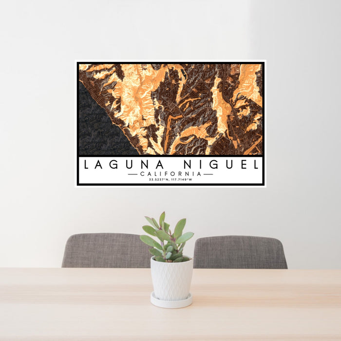 24x36 Laguna Niguel California Map Print Lanscape Orientation in Ember Style Behind 2 Chairs Table and Potted Plant