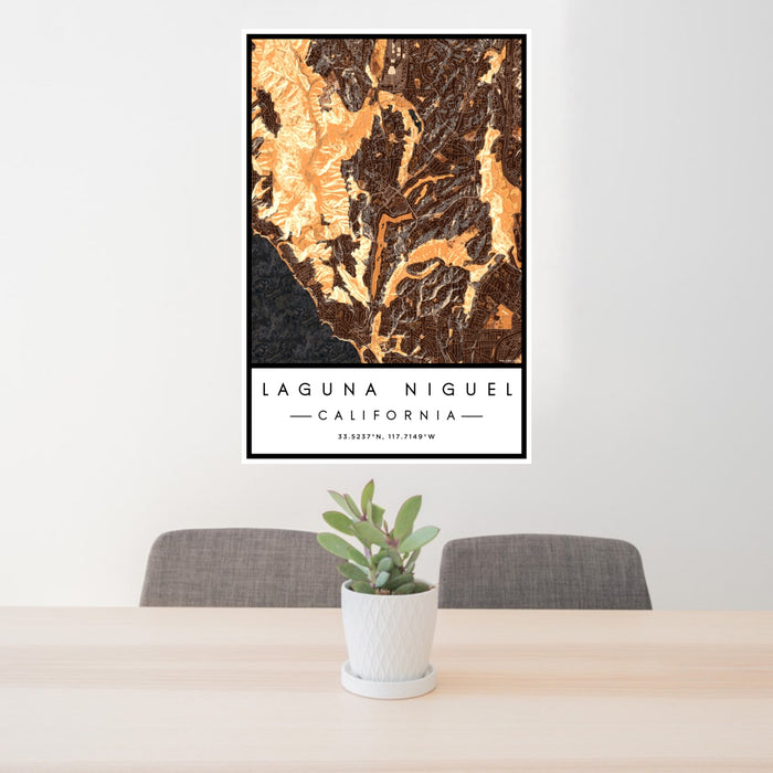 24x36 Laguna Niguel California Map Print Portrait Orientation in Ember Style Behind 2 Chairs Table and Potted Plant
