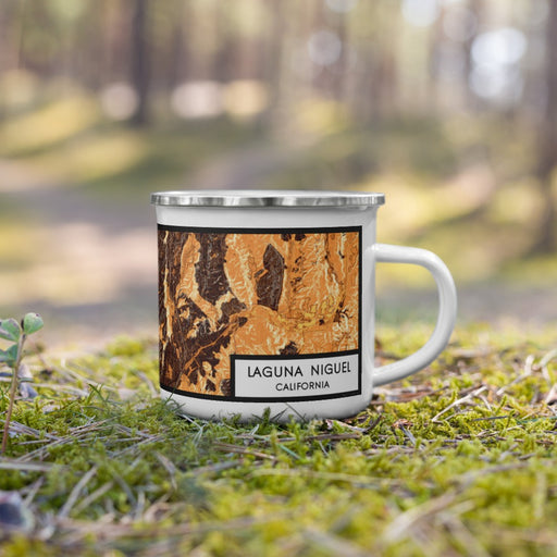 Right View Custom Laguna Niguel California Map Enamel Mug in Ember on Grass With Trees in Background