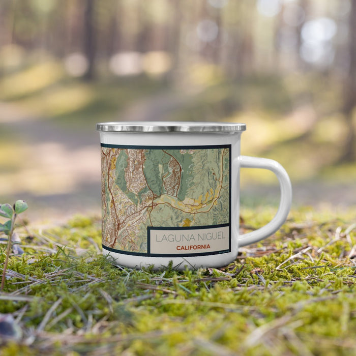 Right View Custom Laguna Niguel California Map Enamel Mug in Woodblock on Grass With Trees in Background