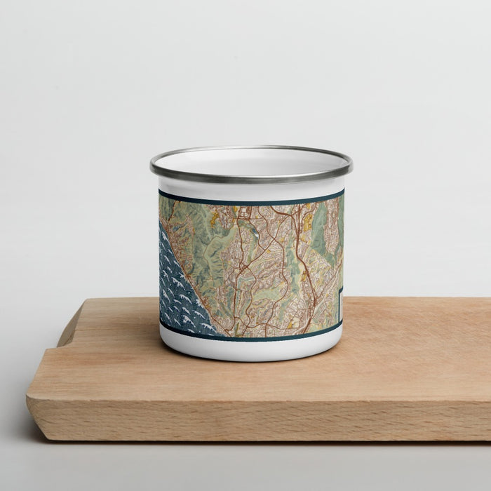 Front View Custom Laguna Niguel California Map Enamel Mug in Woodblock on Cutting Board