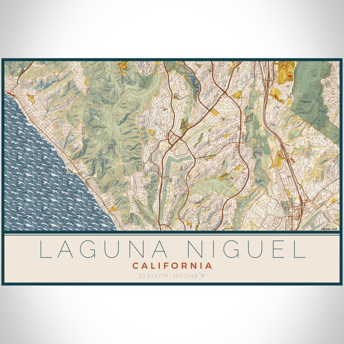 Laguna Niguel California Map Print Landscape Orientation in Woodblock Style With Shaded Background