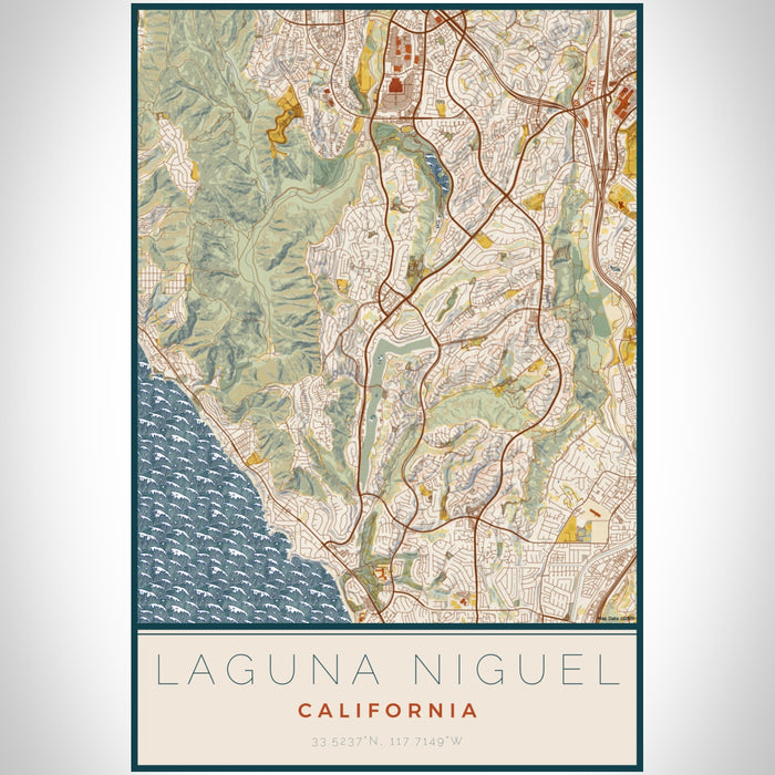Laguna Niguel California Map Print Portrait Orientation in Woodblock Style With Shaded Background