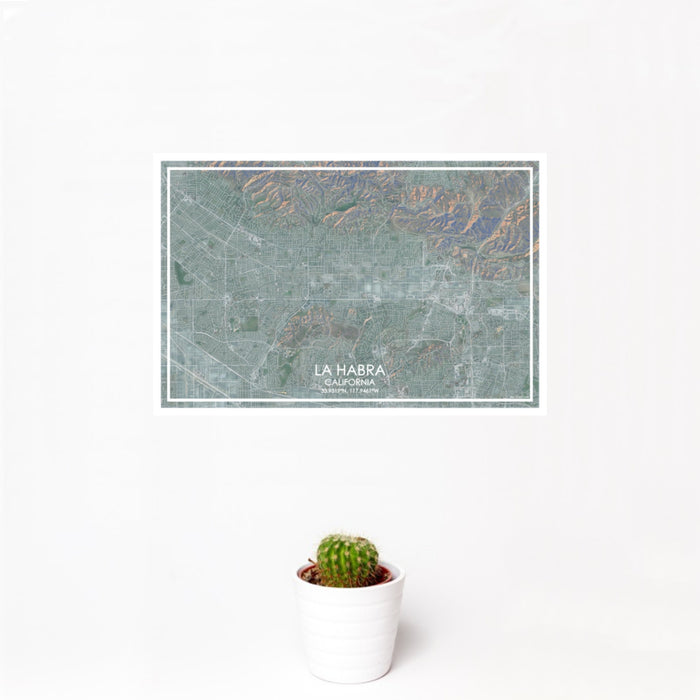 12x18 La Habra California Map Print Landscape Orientation in Afternoon Style With Small Cactus Plant in White Planter