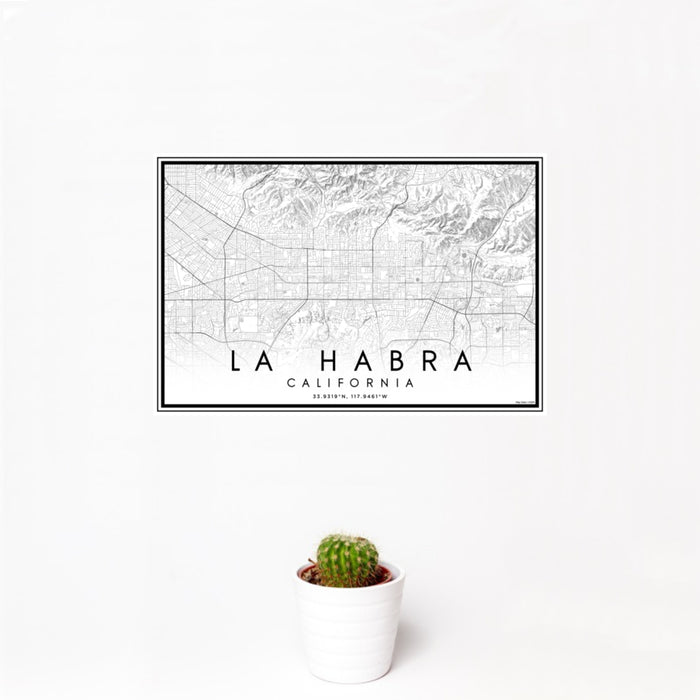 12x18 La Habra California Map Print Landscape Orientation in Classic Style With Small Cactus Plant in White Planter