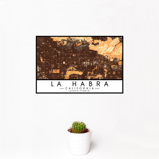 12x18 La Habra California Map Print Landscape Orientation in Ember Style With Small Cactus Plant in White Planter