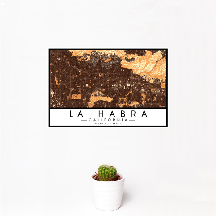 12x18 La Habra California Map Print Landscape Orientation in Ember Style With Small Cactus Plant in White Planter