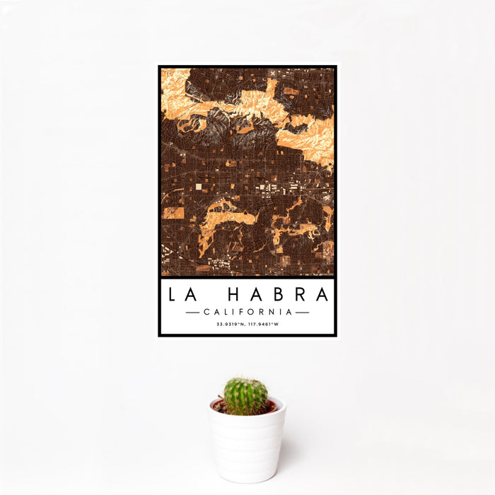 12x18 La Habra California Map Print Portrait Orientation in Ember Style With Small Cactus Plant in White Planter