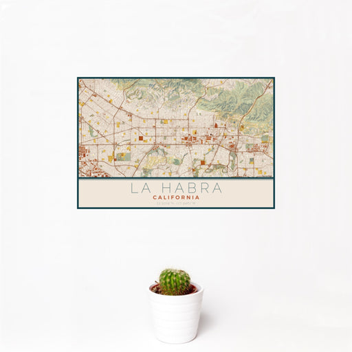 12x18 La Habra California Map Print Landscape Orientation in Woodblock Style With Small Cactus Plant in White Planter