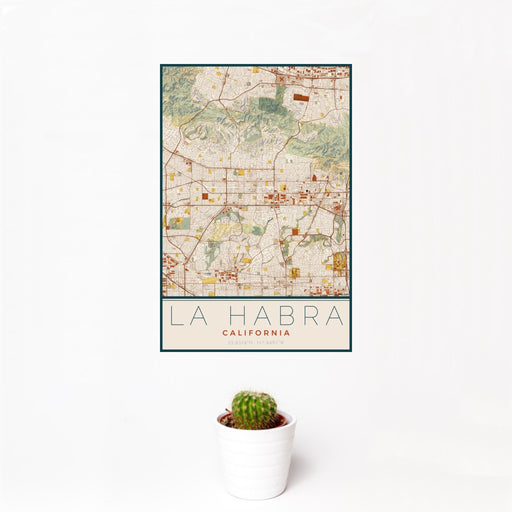 12x18 La Habra California Map Print Portrait Orientation in Woodblock Style With Small Cactus Plant in White Planter