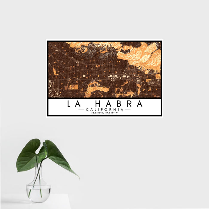 16x24 La Habra California Map Print Landscape Orientation in Ember Style With Tropical Plant Leaves in Water