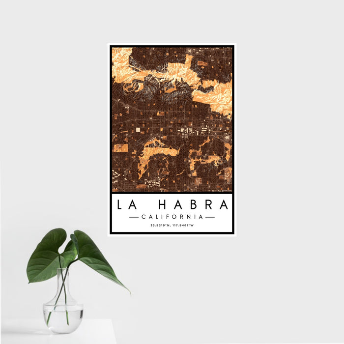 16x24 La Habra California Map Print Portrait Orientation in Ember Style With Tropical Plant Leaves in Water
