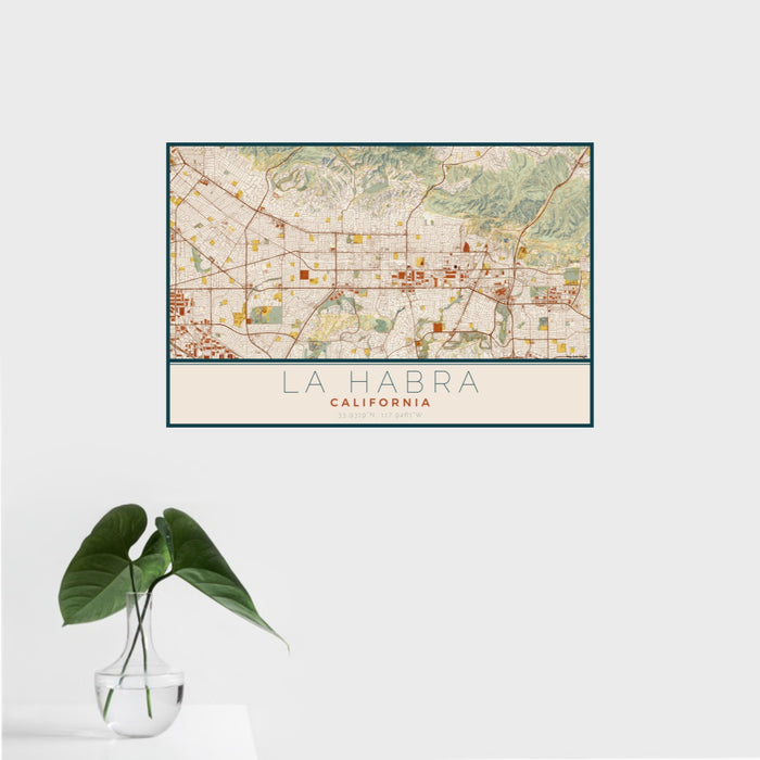 16x24 La Habra California Map Print Landscape Orientation in Woodblock Style With Tropical Plant Leaves in Water