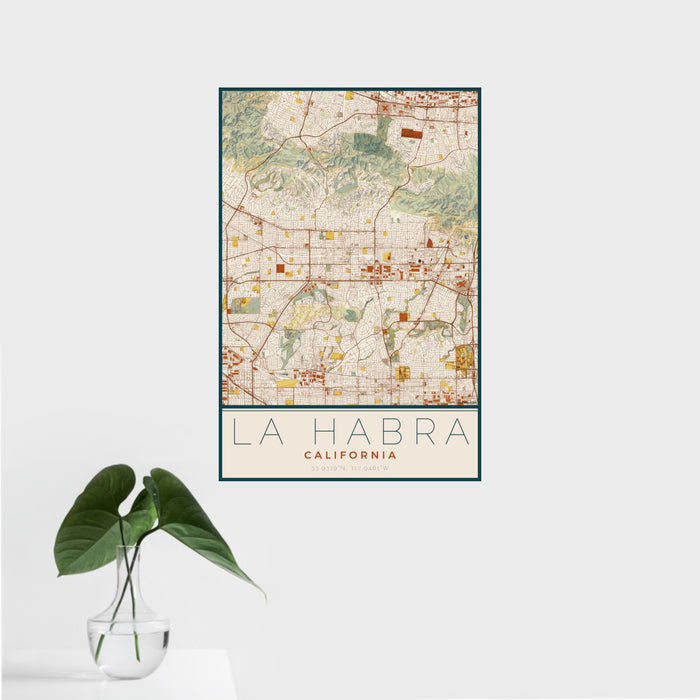 16x24 La Habra California Map Print Portrait Orientation in Woodblock Style With Tropical Plant Leaves in Water
