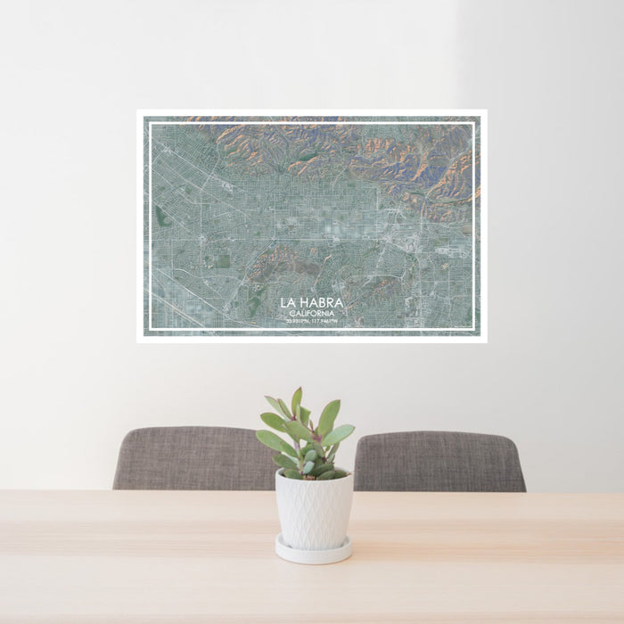 24x36 La Habra California Map Print Lanscape Orientation in Afternoon Style Behind 2 Chairs Table and Potted Plant