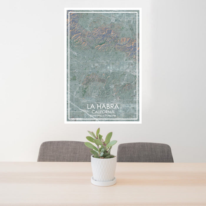 24x36 La Habra California Map Print Portrait Orientation in Afternoon Style Behind 2 Chairs Table and Potted Plant
