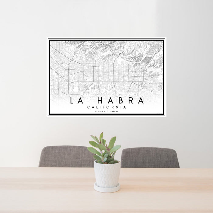 24x36 La Habra California Map Print Lanscape Orientation in Classic Style Behind 2 Chairs Table and Potted Plant