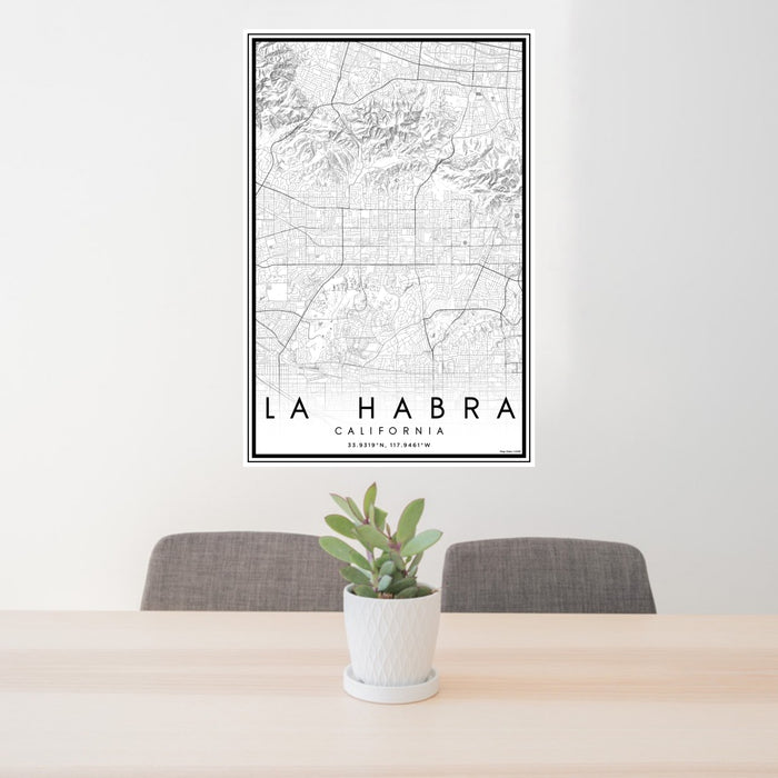 24x36 La Habra California Map Print Portrait Orientation in Classic Style Behind 2 Chairs Table and Potted Plant