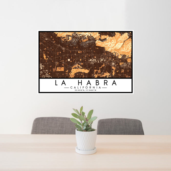 24x36 La Habra California Map Print Lanscape Orientation in Ember Style Behind 2 Chairs Table and Potted Plant