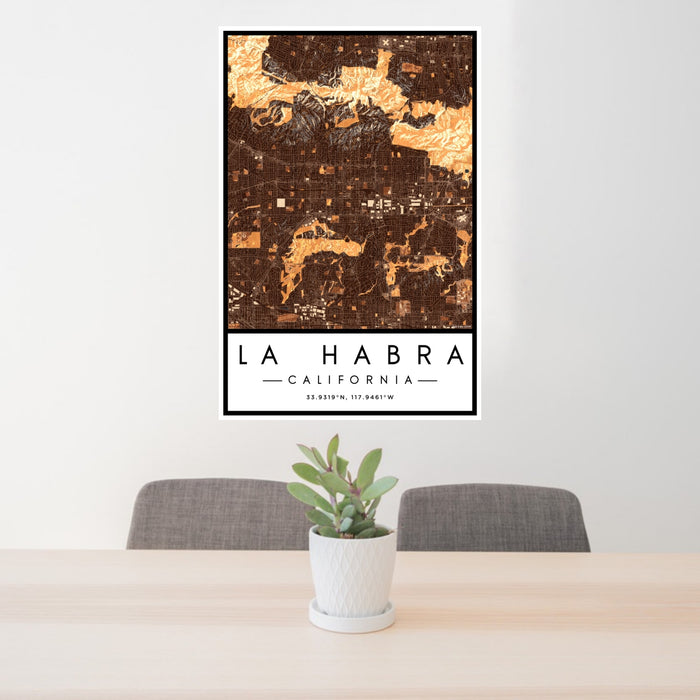 24x36 La Habra California Map Print Portrait Orientation in Ember Style Behind 2 Chairs Table and Potted Plant