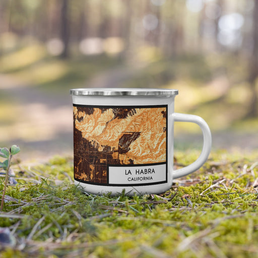 Right View Custom La Habra California Map Enamel Mug in Ember on Grass With Trees in Background