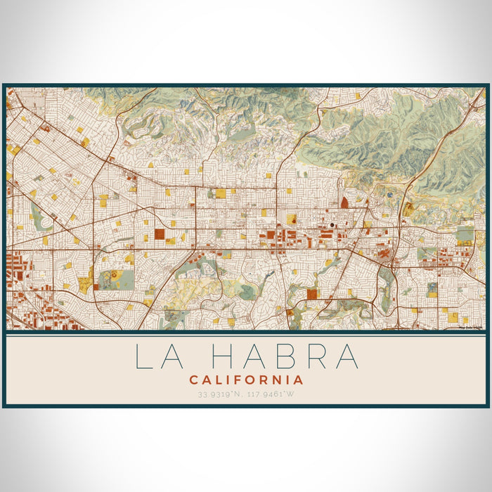 La Habra California Map Print Landscape Orientation in Woodblock Style With Shaded Background