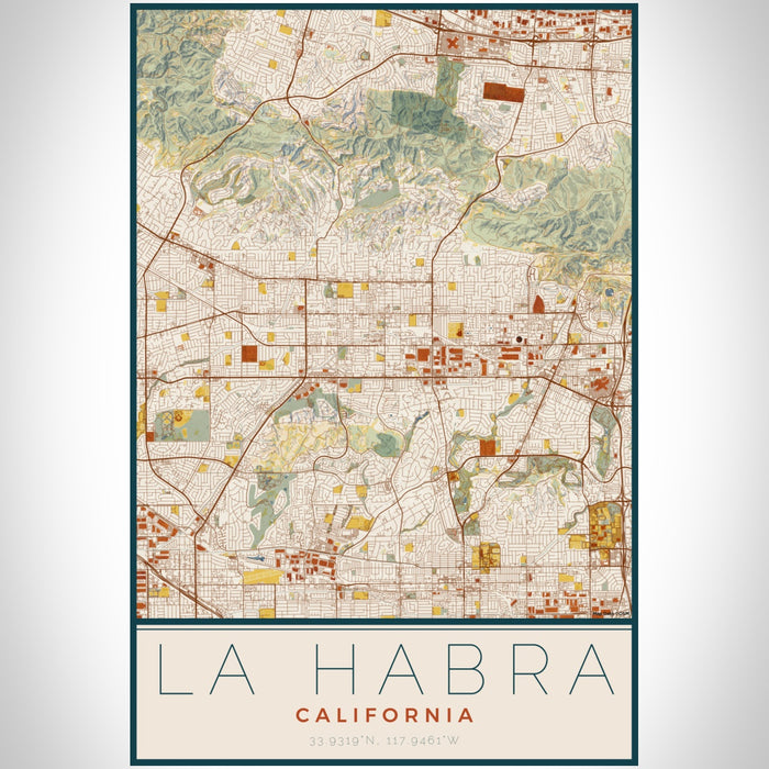 La Habra California Map Print Portrait Orientation in Woodblock Style With Shaded Background