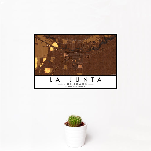 12x18 La Junta Colorado Map Print Landscape Orientation in Ember Style With Small Cactus Plant in White Planter