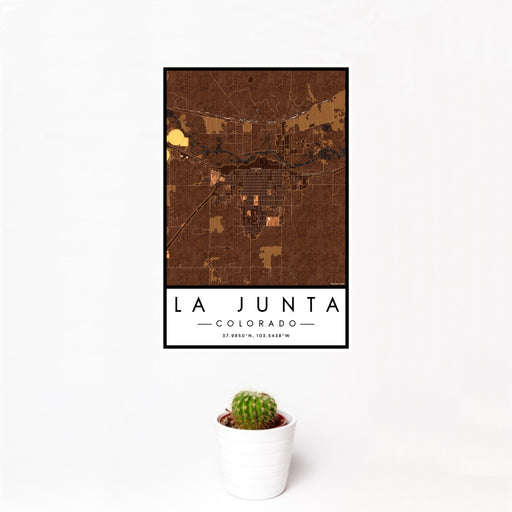 12x18 La Junta Colorado Map Print Portrait Orientation in Ember Style With Small Cactus Plant in White Planter