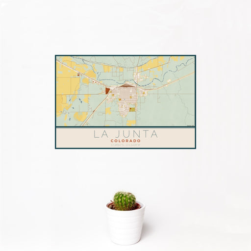 12x18 La Junta Colorado Map Print Landscape Orientation in Woodblock Style With Small Cactus Plant in White Planter
