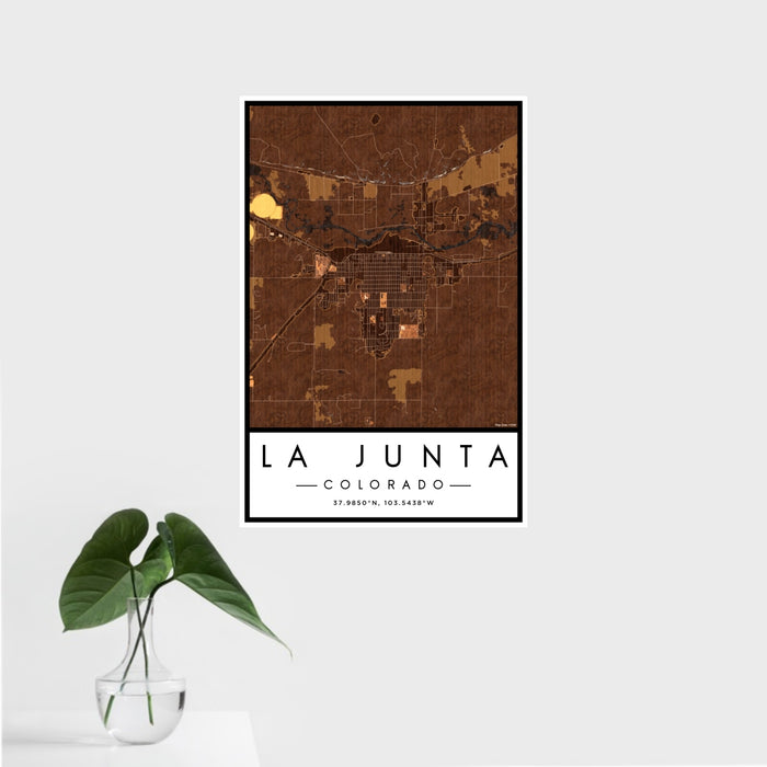16x24 La Junta Colorado Map Print Portrait Orientation in Ember Style With Tropical Plant Leaves in Water