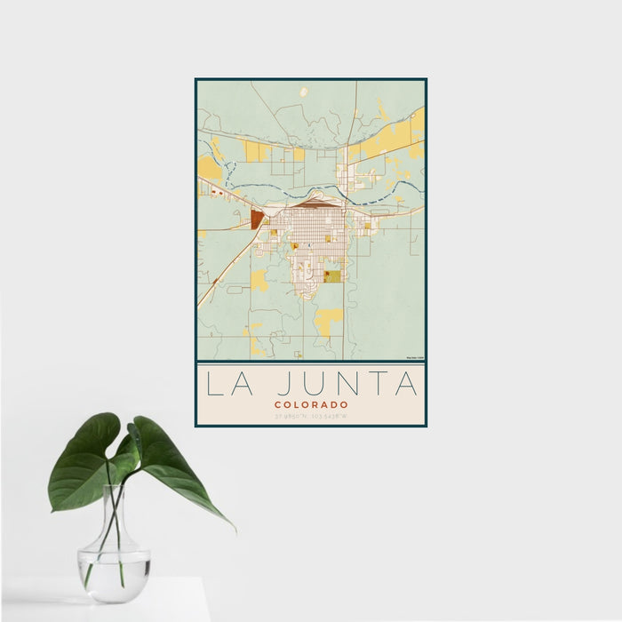 16x24 La Junta Colorado Map Print Portrait Orientation in Woodblock Style With Tropical Plant Leaves in Water