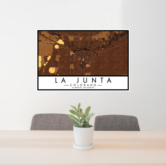 24x36 La Junta Colorado Map Print Lanscape Orientation in Ember Style Behind 2 Chairs Table and Potted Plant
