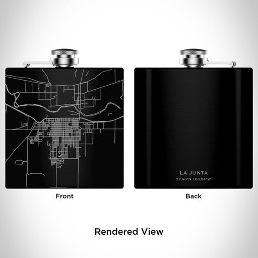 Rendered View of La Junta Colorado Map Engraving on 6oz Stainless Steel Flask in Black