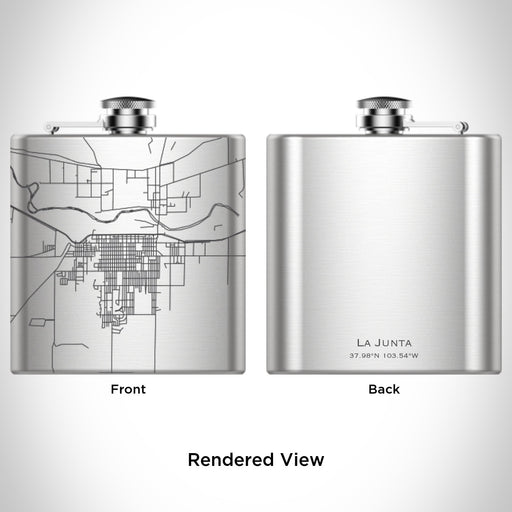 Rendered View of La Junta Colorado Map Engraving on 6oz Stainless Steel Flask