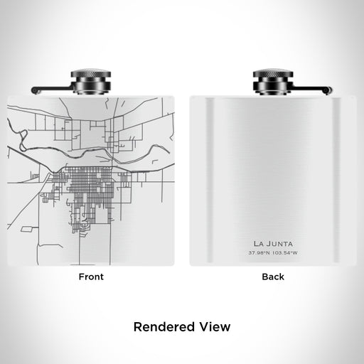 Rendered View of La Junta Colorado Map Engraving on 6oz Stainless Steel Flask in White