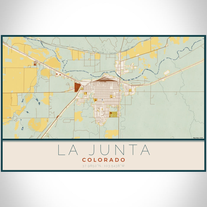 La Junta Colorado Map Print Landscape Orientation in Woodblock Style With Shaded Background