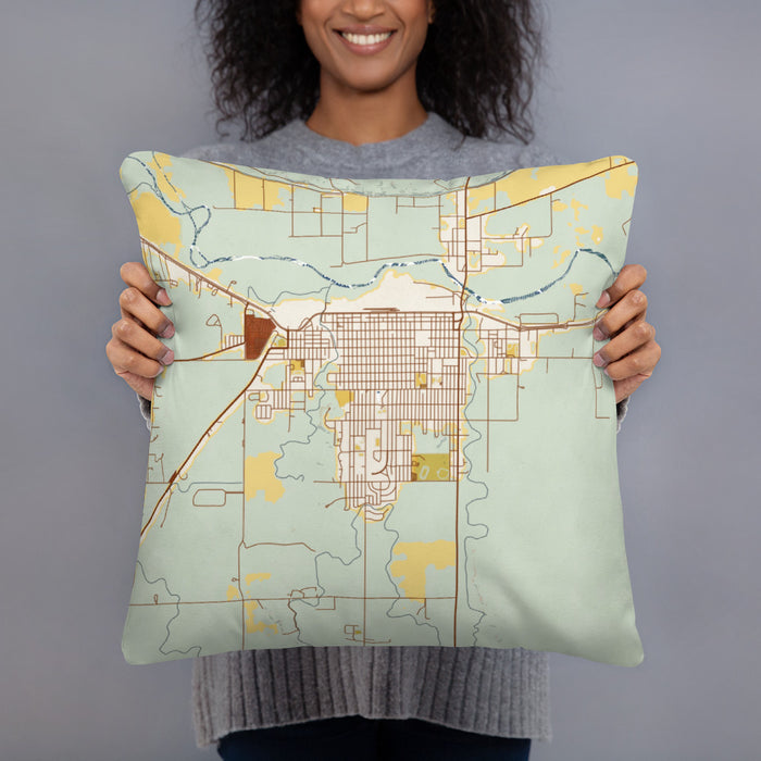 Person holding 18x18 Custom La Junta Colorado Map Throw Pillow in Woodblock