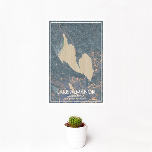 12x18 Lake Almanor California Map Print Portrait Orientation in Afternoon Style With Small Cactus Plant in White Planter