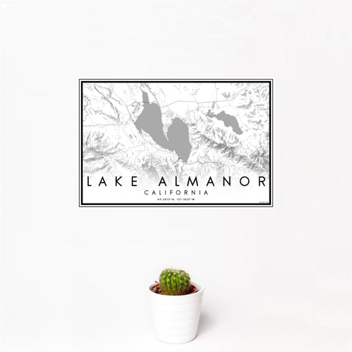 12x18 Lake Almanor California Map Print Landscape Orientation in Classic Style With Small Cactus Plant in White Planter