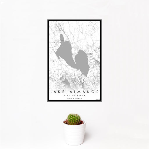 12x18 Lake Almanor California Map Print Portrait Orientation in Classic Style With Small Cactus Plant in White Planter