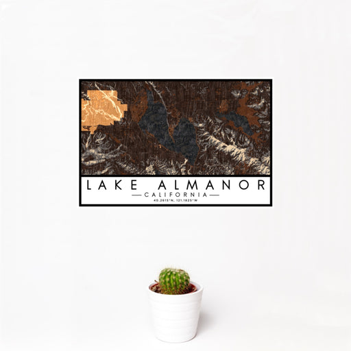 12x18 Lake Almanor California Map Print Landscape Orientation in Ember Style With Small Cactus Plant in White Planter