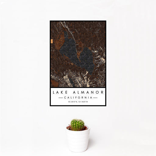 12x18 Lake Almanor California Map Print Portrait Orientation in Ember Style With Small Cactus Plant in White Planter
