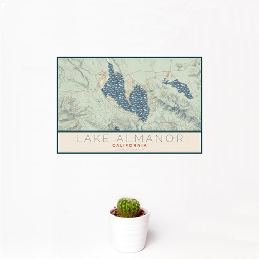 12x18 Lake Almanor California Map Print Landscape Orientation in Woodblock Style With Small Cactus Plant in White Planter