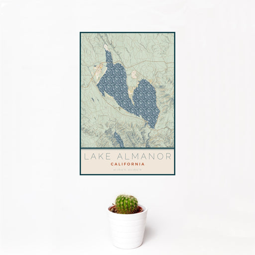 12x18 Lake Almanor California Map Print Portrait Orientation in Woodblock Style With Small Cactus Plant in White Planter