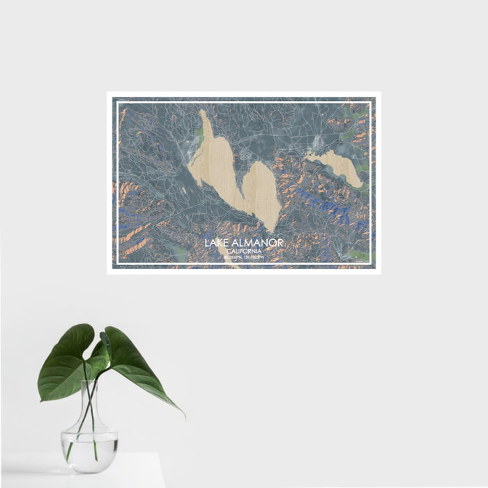 16x24 Lake Almanor California Map Print Landscape Orientation in Afternoon Style With Tropical Plant Leaves in Water