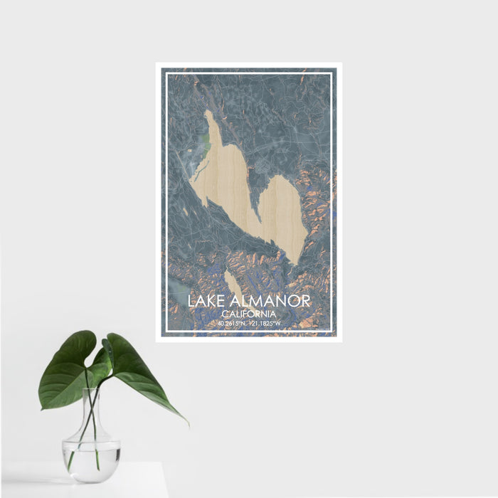 16x24 Lake Almanor California Map Print Portrait Orientation in Afternoon Style With Tropical Plant Leaves in Water