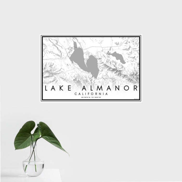 16x24 Lake Almanor California Map Print Landscape Orientation in Classic Style With Tropical Plant Leaves in Water